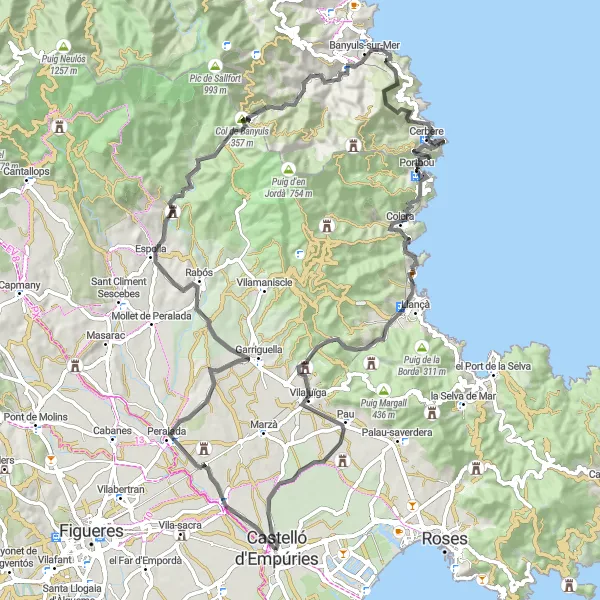 Map miniature of "Castelló d'Empúries - Peralada - Banyuls - Cerbère loop" cycling inspiration in Cataluña, Spain. Generated by Tarmacs.app cycling route planner