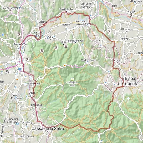 Miniatuurkaart van de fietsinspiratie "Gravelavontuur naar Medinyà" in Cataluña, Spain. Gemaakt door de Tarmacs.app fietsrouteplanner