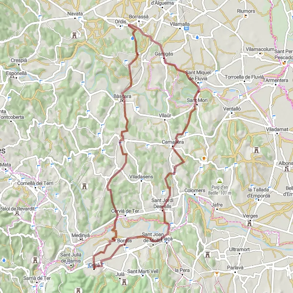Miniaturní mapa "Gravel Trasa od Celrà" inspirace pro cyklisty v oblasti Cataluña, Spain. Vytvořeno pomocí plánovače tras Tarmacs.app