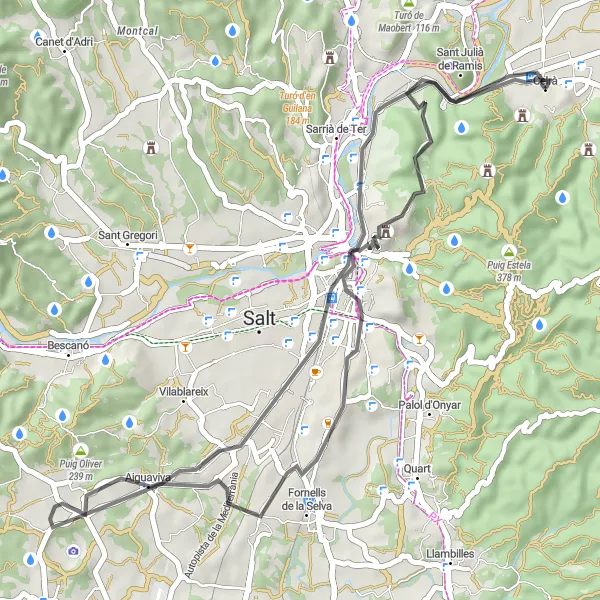 Miniatuurkaart van de fietsinspiratie "Rondrit door Girona en Aiguaviva" in Cataluña, Spain. Gemaakt door de Tarmacs.app fietsrouteplanner