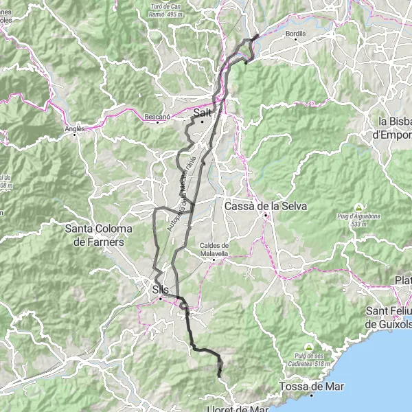 Miniaturní mapa "Kolo okolo Girony" inspirace pro cyklisty v oblasti Cataluña, Spain. Vytvořeno pomocí plánovače tras Tarmacs.app