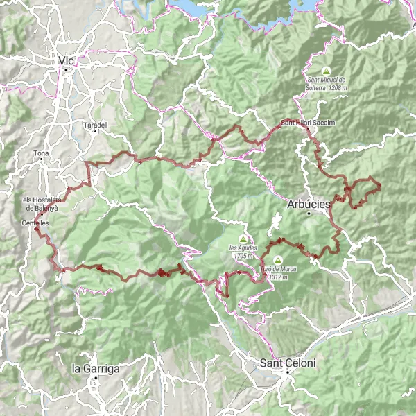 Miniatura della mappa di ispirazione al ciclismo "Rotta Gravel attraverso il Montseny" nella regione di Cataluña, Spain. Generata da Tarmacs.app, pianificatore di rotte ciclistiche