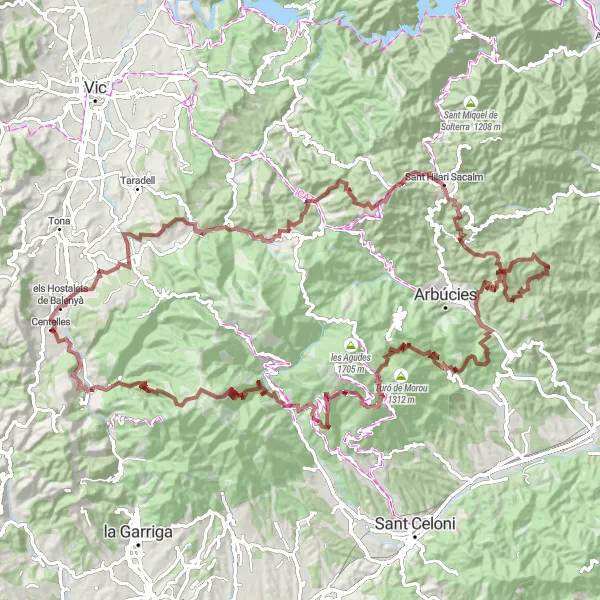 Miniaturekort af cykelinspirationen "Centelles til Molí del Sors og tilbage" i Cataluña, Spain. Genereret af Tarmacs.app cykelruteplanlægger