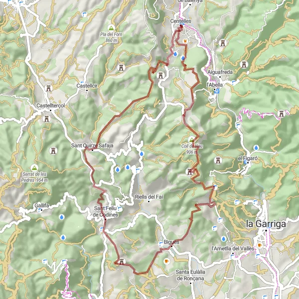Map miniature of "Centelles and Sant Feliu de Codines Gravel Escape" cycling inspiration in Cataluña, Spain. Generated by Tarmacs.app cycling route planner