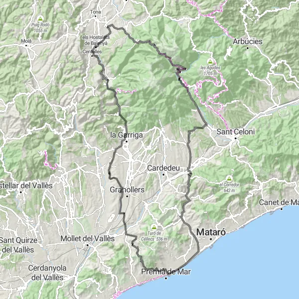 Miniatuurkaart van de fietsinspiratie "Uitdagende roadtrip rondom el Brull vanuit Centelles" in Cataluña, Spain. Gemaakt door de Tarmacs.app fietsrouteplanner