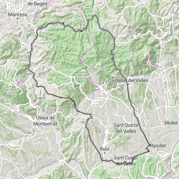 Map miniature of "Ultimate Challenge: Vallès Mountain Loop" cycling inspiration in Cataluña, Spain. Generated by Tarmacs.app cycling route planner