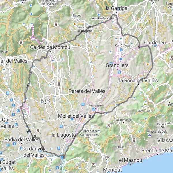 Miniatuurkaart van de fietsinspiratie "Pittoreske route nabij Cerdanyola del Vallès" in Cataluña, Spain. Gemaakt door de Tarmacs.app fietsrouteplanner