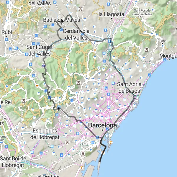 Miniatura della mappa di ispirazione al ciclismo "Tour in bicicletta tra le bellezze di Cataluña" nella regione di Cataluña, Spain. Generata da Tarmacs.app, pianificatore di rotte ciclistiche