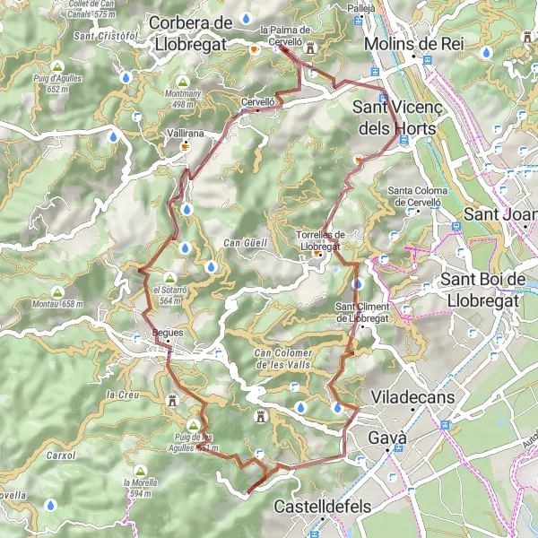 Miniaturní mapa "Hidden gems of Begues gravel route" inspirace pro cyklisty v oblasti Cataluña, Spain. Vytvořeno pomocí plánovače tras Tarmacs.app