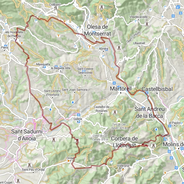 Karten-Miniaturansicht der Radinspiration "Gravel-Route um Cervelló entdecken" in Cataluña, Spain. Erstellt vom Tarmacs.app-Routenplaner für Radtouren