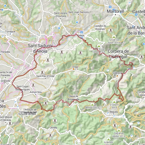 Miniatura della mappa di ispirazione al ciclismo "Percorso in bici avventuroso da Cervelló" nella regione di Cataluña, Spain. Generata da Tarmacs.app, pianificatore di rotte ciclistiche