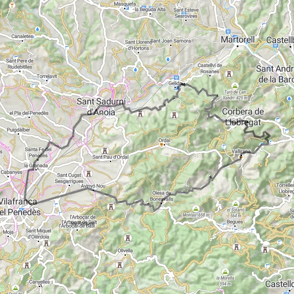 Karten-Miniaturansicht der Radinspiration "Rundweg durch die Weinberge von Penedès" in Cataluña, Spain. Erstellt vom Tarmacs.app-Routenplaner für Radtouren
