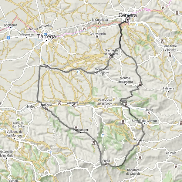 Miniatura della mappa di ispirazione al ciclismo "Giro in bicicletta Cervera - el Mirador - Mirador de Toni Nadal" nella regione di Cataluña, Spain. Generata da Tarmacs.app, pianificatore di rotte ciclistiche