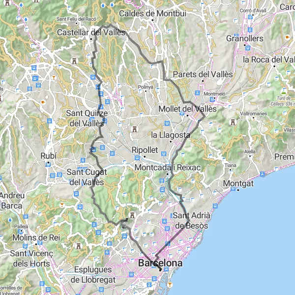 Map miniature of "Barcelona and Surroundings" cycling inspiration in Cataluña, Spain. Generated by Tarmacs.app cycling route planner
