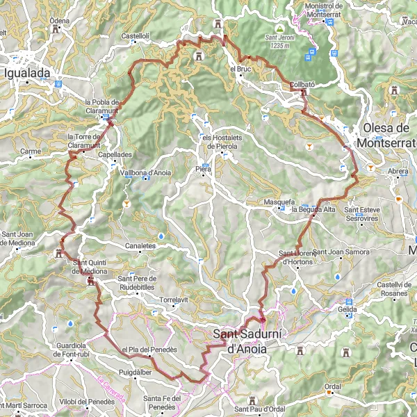 Miniatura della mappa di ispirazione al ciclismo "Gravel di Rocacorba" nella regione di Cataluña, Spain. Generata da Tarmacs.app, pianificatore di rotte ciclistiche