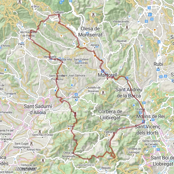 Miniatuurkaart van de fietsinspiratie "Gravelroute naar Pierola en Masquefa" in Cataluña, Spain. Gemaakt door de Tarmacs.app fietsrouteplanner