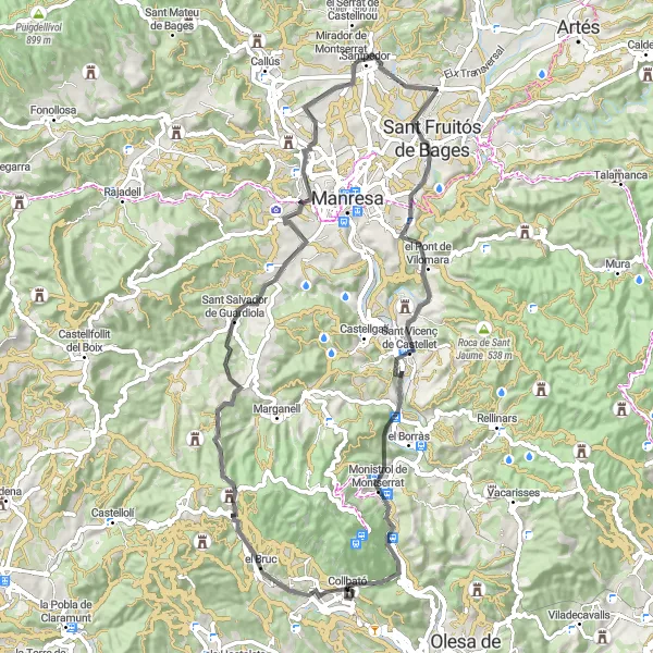 Miniatua del mapa de inspiración ciclista "Ruta en carretera por los alrededores de Collbató" en Cataluña, Spain. Generado por Tarmacs.app planificador de rutas ciclistas