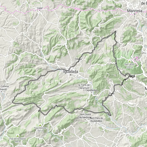 Miniaturní mapa "Okruh na kole s výjimečným panoramatem u Collbató" inspirace pro cyklisty v oblasti Cataluña, Spain. Vytvořeno pomocí plánovače tras Tarmacs.app