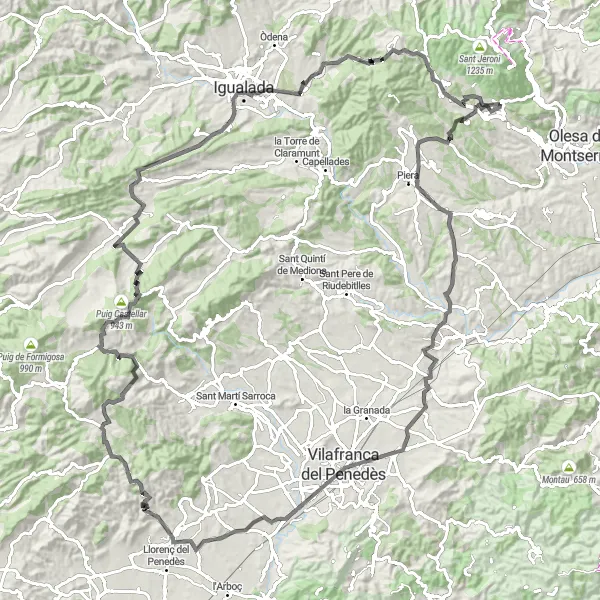 Map miniature of "Legendary Ride of Collbató" cycling inspiration in Cataluña, Spain. Generated by Tarmacs.app cycling route planner