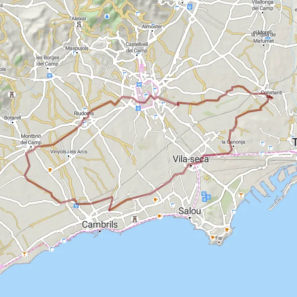 Miniatura della mappa di ispirazione al ciclismo "Esplorazione tra i tesori nascosti di la Canonja e la Fumera del Gas Reusense" nella regione di Cataluña, Spain. Generata da Tarmacs.app, pianificatore di rotte ciclistiche