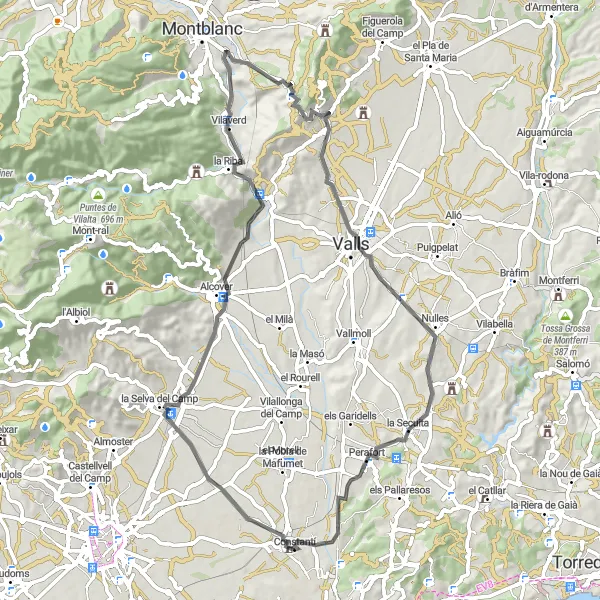 Miniatura della mappa di ispirazione al ciclismo "Tour panoramico tra Constantí e Vil·la Romana de Centcelles" nella regione di Cataluña, Spain. Generata da Tarmacs.app, pianificatore di rotte ciclistiche