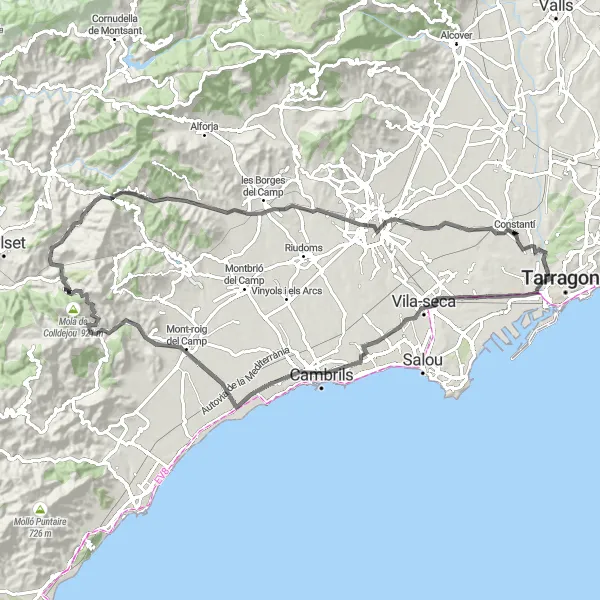 Miniatua del mapa de inspiración ciclista "Ruta de las Colinas de Tarragona" en Cataluña, Spain. Generado por Tarmacs.app planificador de rutas ciclistas