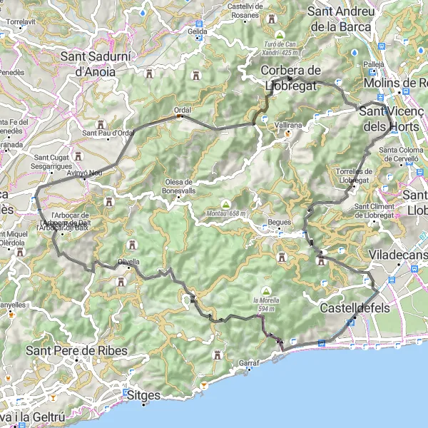 Miniatura della mappa di ispirazione al ciclismo "Cicloturismo attraverso i Cingles di Corbera de Llobregat" nella regione di Cataluña, Spain. Generata da Tarmacs.app, pianificatore di rotte ciclistiche