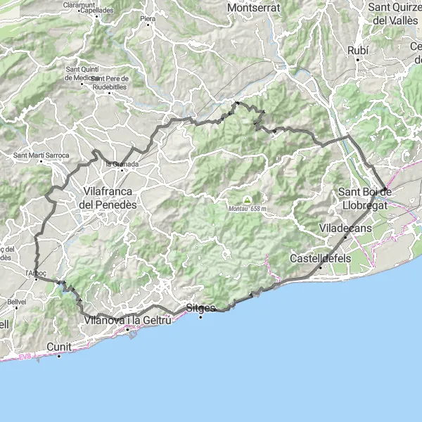 Map miniature of "Penedès Vineyards Road Cycling Route" cycling inspiration in Cataluña, Spain. Generated by Tarmacs.app cycling route planner
