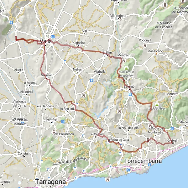 Karten-Miniaturansicht der Radinspiration "Gravel-Tour durch Ardenya und Puig Rodó" in Cataluña, Spain. Erstellt vom Tarmacs.app-Routenplaner für Radtouren