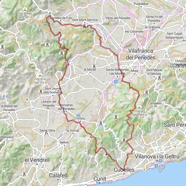 Map miniature of "Cubelles Mountain Challenge" cycling inspiration in Cataluña, Spain. Generated by Tarmacs.app cycling route planner