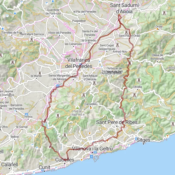 Miniatura della mappa di ispirazione al ciclismo "Rotta panoramica in mountain bike da Cubelles" nella regione di Cataluña, Spain. Generata da Tarmacs.app, pianificatore di rotte ciclistiche