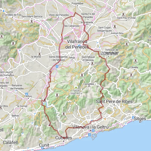 Miniatura della mappa di ispirazione al ciclismo "Giro in mountain bike da Cubelles" nella regione di Cataluña, Spain. Generata da Tarmacs.app, pianificatore di rotte ciclistiche