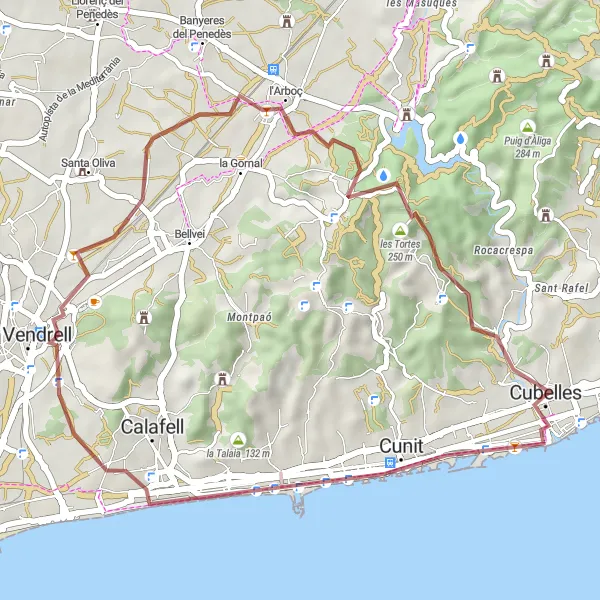 Karten-Miniaturansicht der Radinspiration "Gravel-Abenteuer um Cubelles" in Cataluña, Spain. Erstellt vom Tarmacs.app-Routenplaner für Radtouren