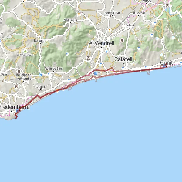 Miniaturní mapa "Cal Baró to Torredembarra Gravel Route" inspirace pro cyklisty v oblasti Cataluña, Spain. Vytvořeno pomocí plánovače tras Tarmacs.app