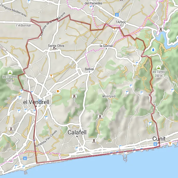 Map miniature of "Off the Beaten Path" cycling inspiration in Cataluña, Spain. Generated by Tarmacs.app cycling route planner