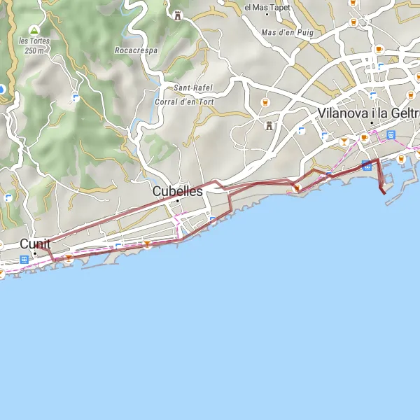 Miniatura della mappa di ispirazione al ciclismo "Escursione gravel da Cunit a Vilanova i la Geltrú" nella regione di Cataluña, Spain. Generata da Tarmacs.app, pianificatore di rotte ciclistiche