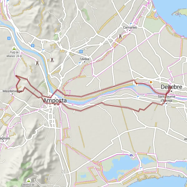 Miniature de la carte de l'inspiration cycliste "Moli dels Mirons - Amposta" dans la Cataluña, Spain. Générée par le planificateur d'itinéraire cycliste Tarmacs.app