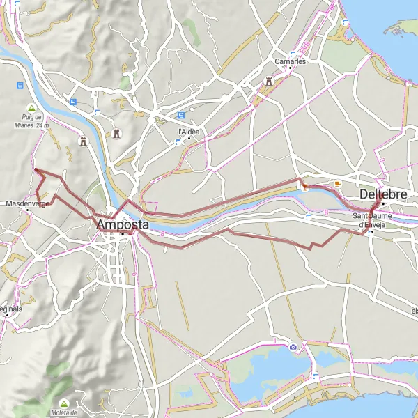 Miniatuurkaart van de fietsinspiratie "Gravelroute naar Amposta en Sant Jaume d'Enveja" in Cataluña, Spain. Gemaakt door de Tarmacs.app fietsrouteplanner