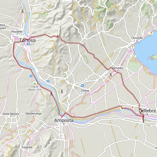 Miniatuurkaart van de fietsinspiratie "Avontuurlijke gravelroute van Deltebre naar Camarles" in Cataluña, Spain. Gemaakt door de Tarmacs.app fietsrouteplanner