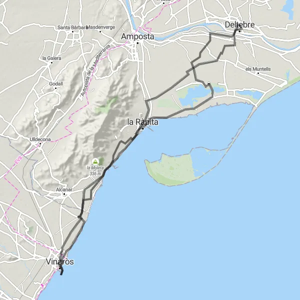 Miniatura della mappa di ispirazione al ciclismo "Avventuroso giro in bicicletta tra le tappe chiave del Delta dell'Ebro" nella regione di Cataluña, Spain. Generata da Tarmacs.app, pianificatore di rotte ciclistiche
