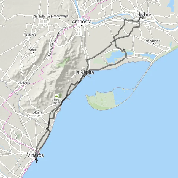 Miniatuurkaart van de fietsinspiratie "Pittoreske fietsroute van la Ràpita naar Sant Jaume d'Enveja" in Cataluña, Spain. Gemaakt door de Tarmacs.app fietsrouteplanner