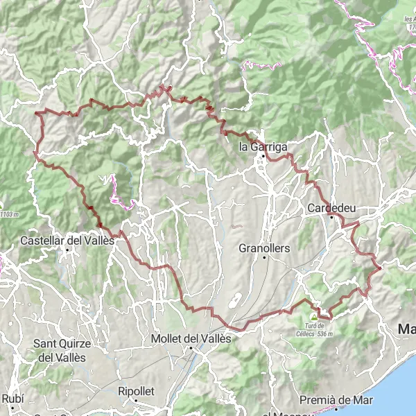 Miniatura della mappa di ispirazione al ciclismo "Avventura Gravel intorno a Dosrius" nella regione di Cataluña, Spain. Generata da Tarmacs.app, pianificatore di rotte ciclistiche