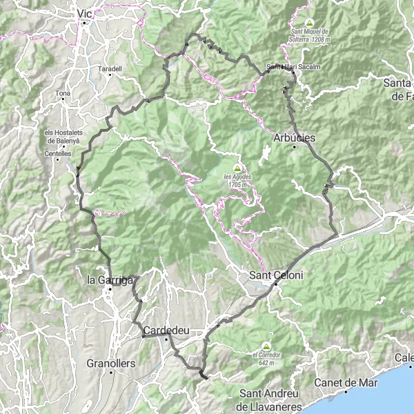 Miniatura della mappa di ispirazione al ciclismo "Avventura in bicicletta Dosrius - Sant Hilari Sacalm" nella regione di Cataluña, Spain. Generata da Tarmacs.app, pianificatore di rotte ciclistiche