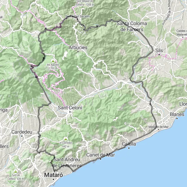 Karten-Miniaturansicht der Radinspiration "Abenteuerliche 155 km Rundtour um Dosrius" in Cataluña, Spain. Erstellt vom Tarmacs.app-Routenplaner für Radtouren