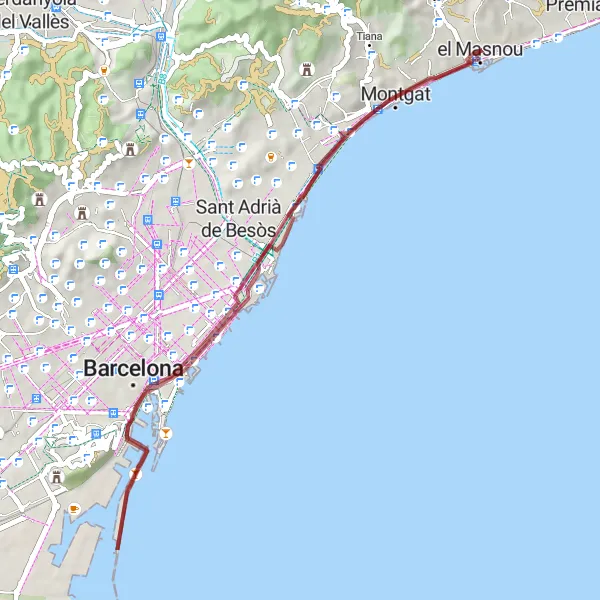 Miniatuurkaart van de fietsinspiratie "Historische Ontdekkingstocht van Mont Tàber en Llotja de Mar" in Cataluña, Spain. Gemaakt door de Tarmacs.app fietsrouteplanner