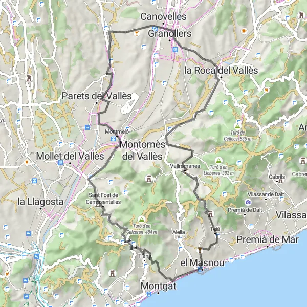 Miniatua del mapa de inspiración ciclista "Ruta de Ciclismo de Carretera de El Masnou a Vilanova del Vallès" en Cataluña, Spain. Generado por Tarmacs.app planificador de rutas ciclistas