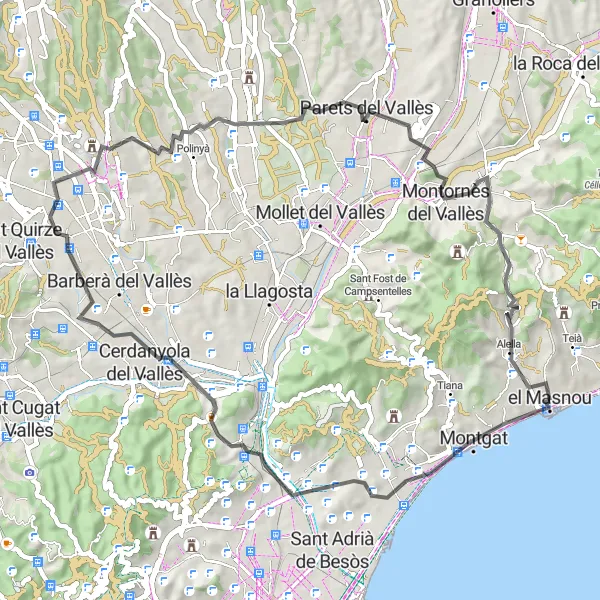 Map miniature of "El Masnou Coastal Loop" cycling inspiration in Cataluña, Spain. Generated by Tarmacs.app cycling route planner