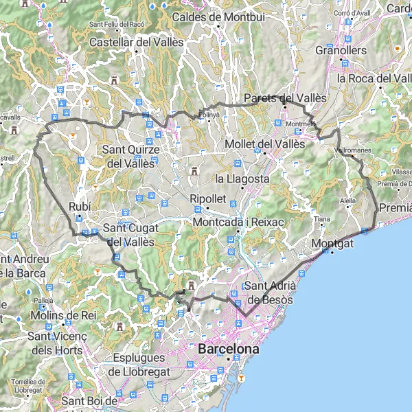 Miniatua del mapa de inspiración ciclista "Desafío montañoso hacia El Masnou" en Cataluña, Spain. Generado por Tarmacs.app planificador de rutas ciclistas