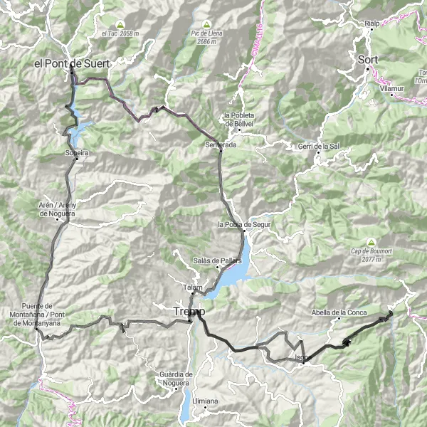 Miniatuurkaart van de fietsinspiratie "Wegfietsroute: el Pont de Suert naar Tremp" in Cataluña, Spain. Gemaakt door de Tarmacs.app fietsrouteplanner