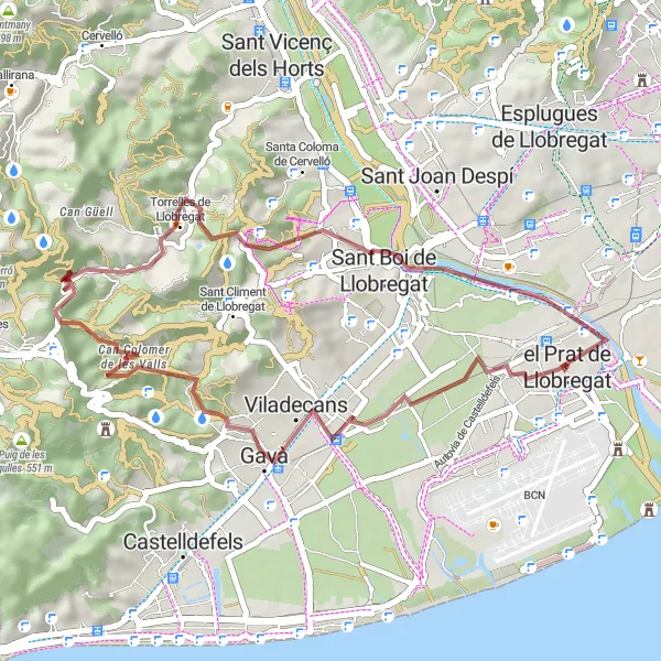 Map miniature of "El Prat de Llobregat Gravel Loop" cycling inspiration in Cataluña, Spain. Generated by Tarmacs.app cycling route planner
